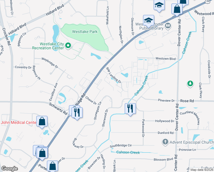 map of restaurants, bars, coffee shops, grocery stores, and more near 3137 Bay Landing Drive in Westlake