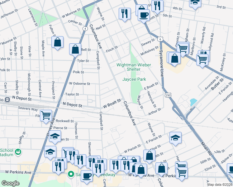 map of restaurants, bars, coffee shops, grocery stores, and more near 1521 Columbus Avenue in Sandusky