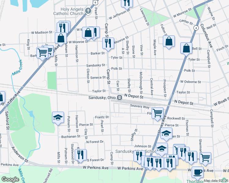 map of restaurants, bars, coffee shops, grocery stores, and more near 1515 Carr Street in Sandusky