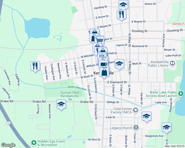 map of restaurants, bars, coffee shops, grocery stores, and more near 213 William Street in Kendallville