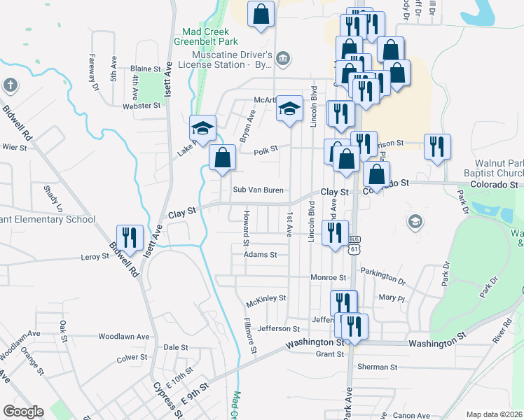 map of restaurants, bars, coffee shops, grocery stores, and more near 509 Clay Street in Muscatine