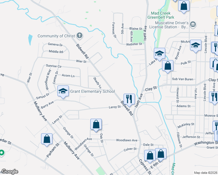 map of restaurants, bars, coffee shops, grocery stores, and more near 2015 Bidwell Road in Muscatine