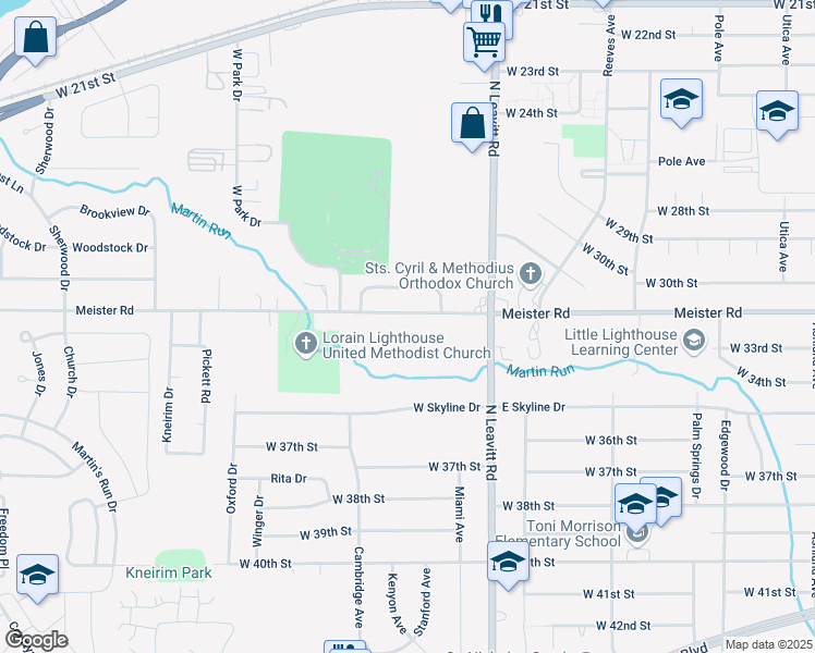 map of restaurants, bars, coffee shops, grocery stores, and more near 2715 Meister Road in Lorain