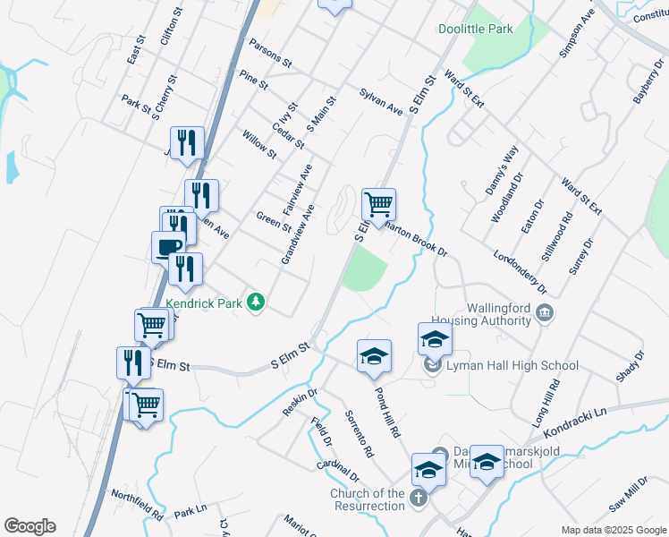 map of restaurants, bars, coffee shops, grocery stores, and more near 349 South Elm Street in Wallingford