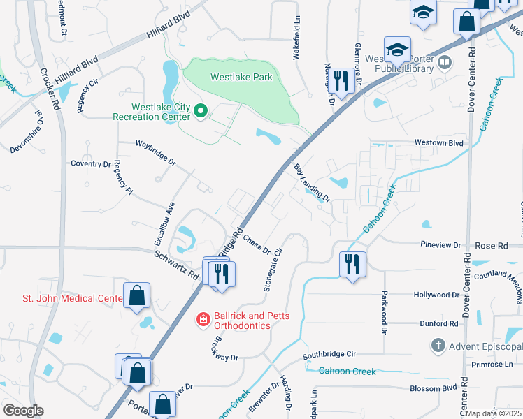 map of restaurants, bars, coffee shops, grocery stores, and more near 28349 Center Ridge Road in Westlake