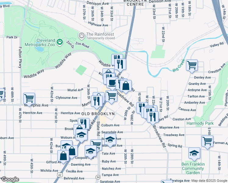 map of restaurants, bars, coffee shops, grocery stores, and more near 4162 Pearl Road in Cleveland