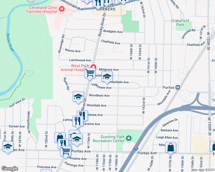 map of restaurants, bars, coffee shops, grocery stores, and more near 17200 Valleyview Avenue in Cleveland