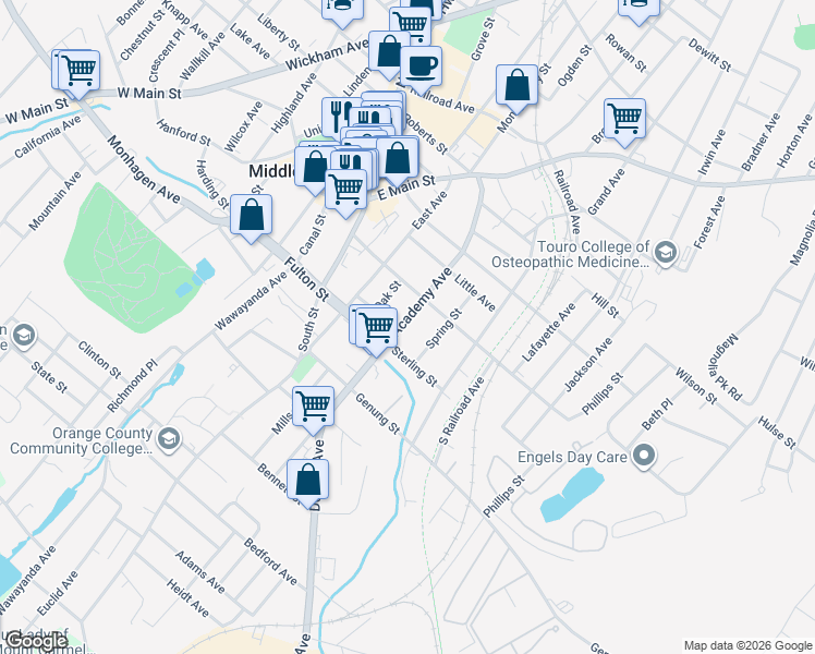 map of restaurants, bars, coffee shops, grocery stores, and more near 44 Washington Street in Middletown