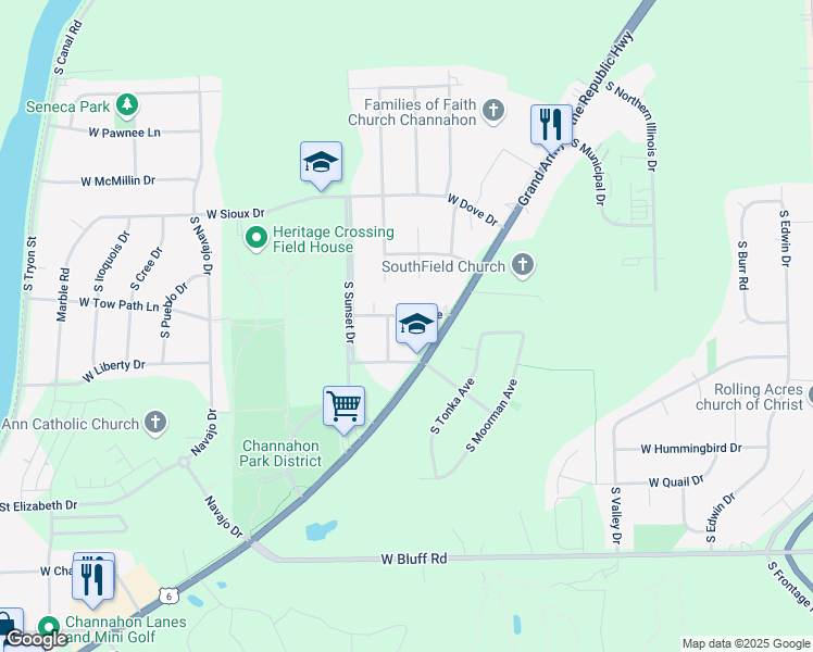 map of restaurants, bars, coffee shops, grocery stores, and more near 24708 West Junior Avenue in Channahon