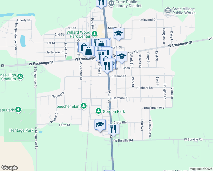 map of restaurants, bars, coffee shops, grocery stores, and more near 1380 Main St in Crete