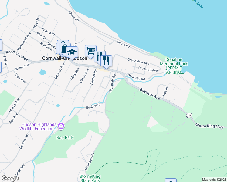 map of restaurants, bars, coffee shops, grocery stores, and more near 19 Mountain Road in Cornwall-on-Hudson