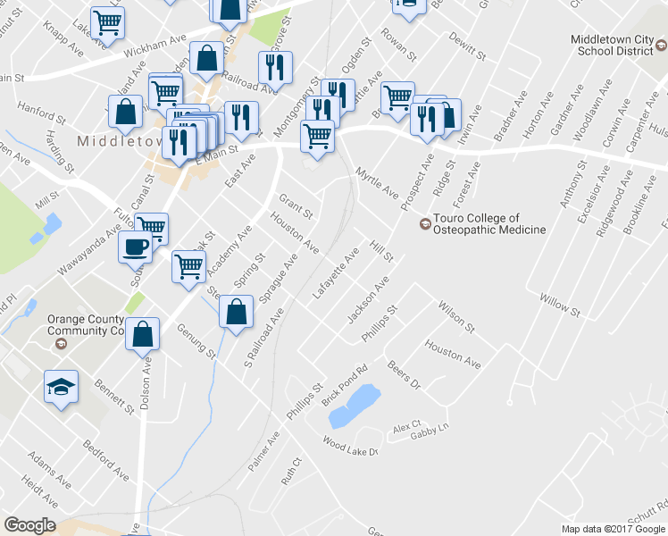 map of restaurants, bars, coffee shops, grocery stores, and more near 25 Lafayette Avenue in Middletown