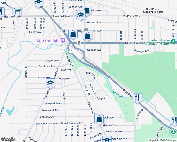 map of restaurants, bars, coffee shops, grocery stores, and more near 4359 Archer Road in Cleveland