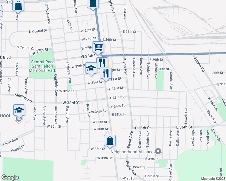 map of restaurants, bars, coffee shops, grocery stores, and more near 3121 Broadway Avenue in Lorain