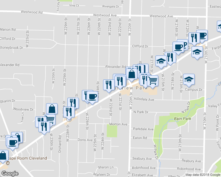 map of restaurants, bars, coffee shops, grocery stores, and more near 4357 West 223rd Street in Fairview Park