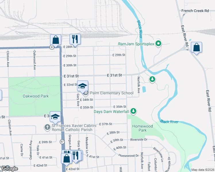 map of restaurants, bars, coffee shops, grocery stores, and more near 2441 East 32nd Street in Lorain