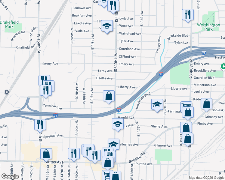 map of restaurants, bars, coffee shops, grocery stores, and more near 4127 West 140th Street in Cleveland