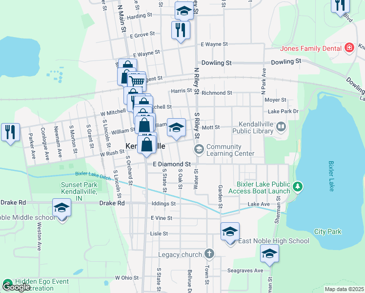 map of restaurants, bars, coffee shops, grocery stores, and more near 301 South Oak Street in Kendallville