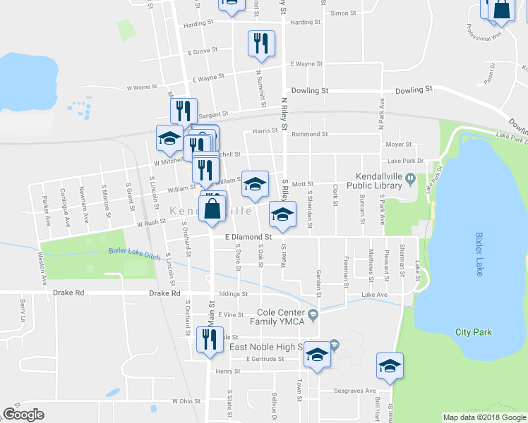 map of restaurants, bars, coffee shops, grocery stores, and more near 301 South Oak Street in Kendallville