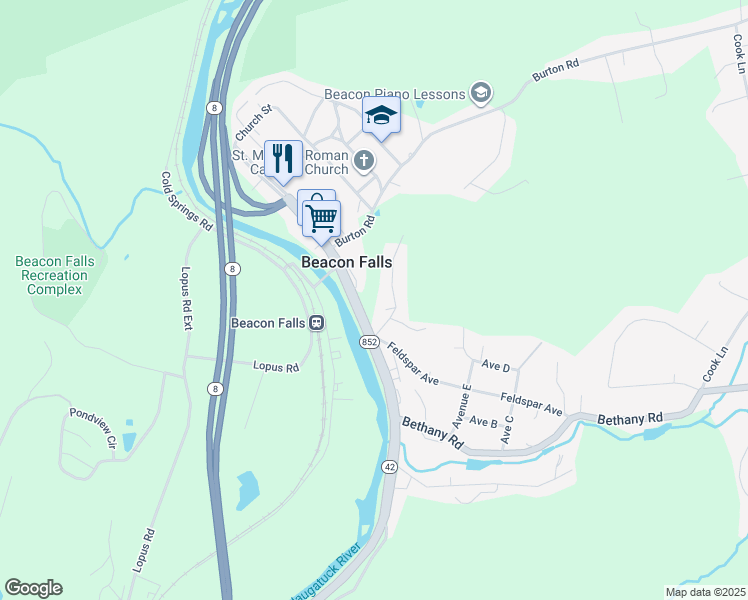 map of restaurants, bars, coffee shops, grocery stores, and more near 47 Fairfield Place in Beacon Falls