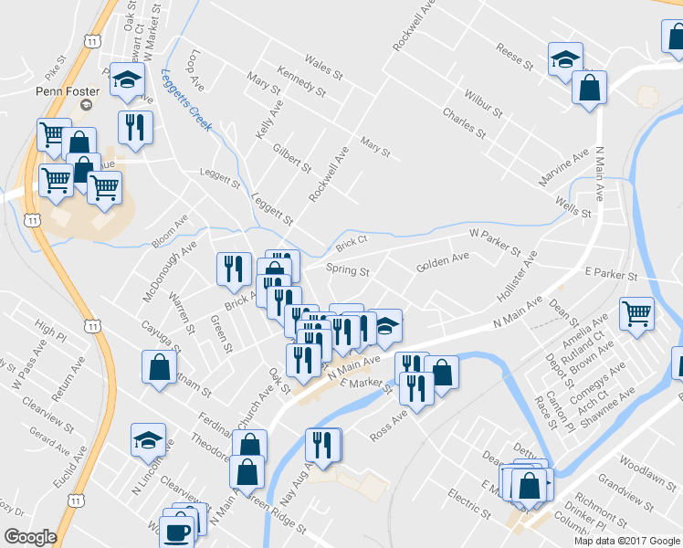 map of restaurants, bars, coffee shops, grocery stores, and more near 2121 Brick Avenue in Scranton