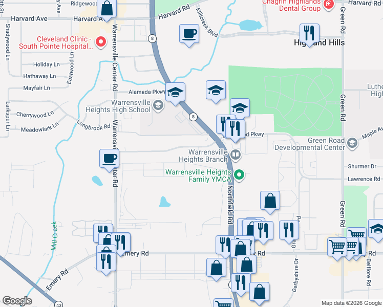 map of restaurants, bars, coffee shops, grocery stores, and more near 21229 Ellacott Parkway in Warrensville Heights