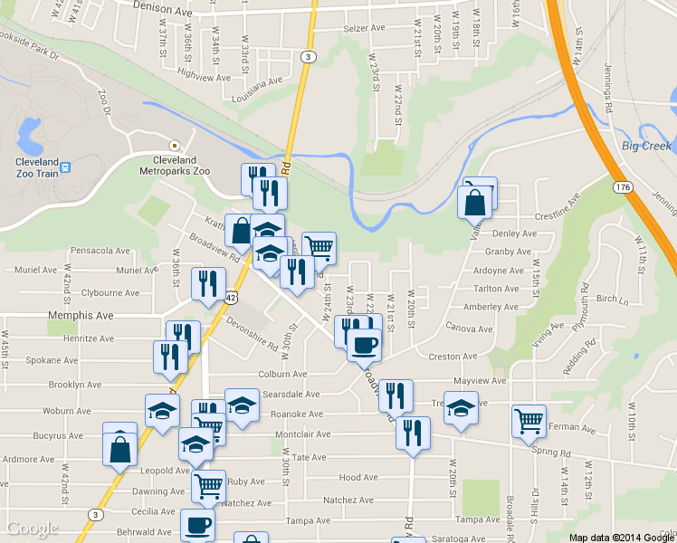map of restaurants, bars, coffee shops, grocery stores, and more near 4188 West 23rd Street in Cleveland