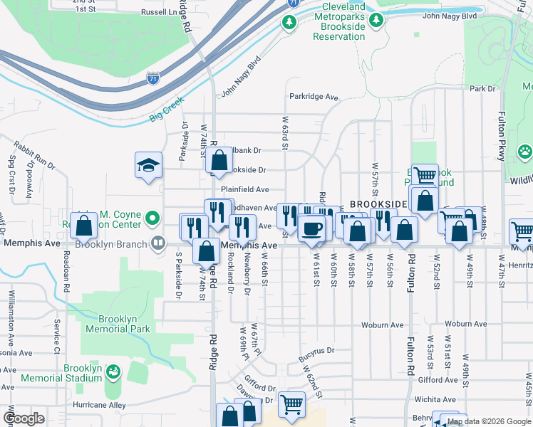 map of restaurants, bars, coffee shops, grocery stores, and more near 6500 Woodhaven Avenue in Cleveland