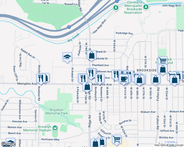 map of restaurants, bars, coffee shops, grocery stores, and more near 4215 Ridge Road in Cleveland