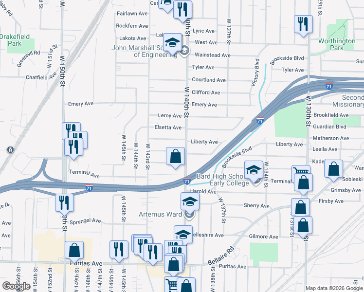 map of restaurants, bars, coffee shops, grocery stores, and more near 4127 West 140th Street in Cleveland