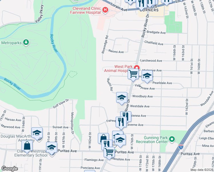 map of restaurants, bars, coffee shops, grocery stores, and more near 4148 Rustic Road in Cleveland