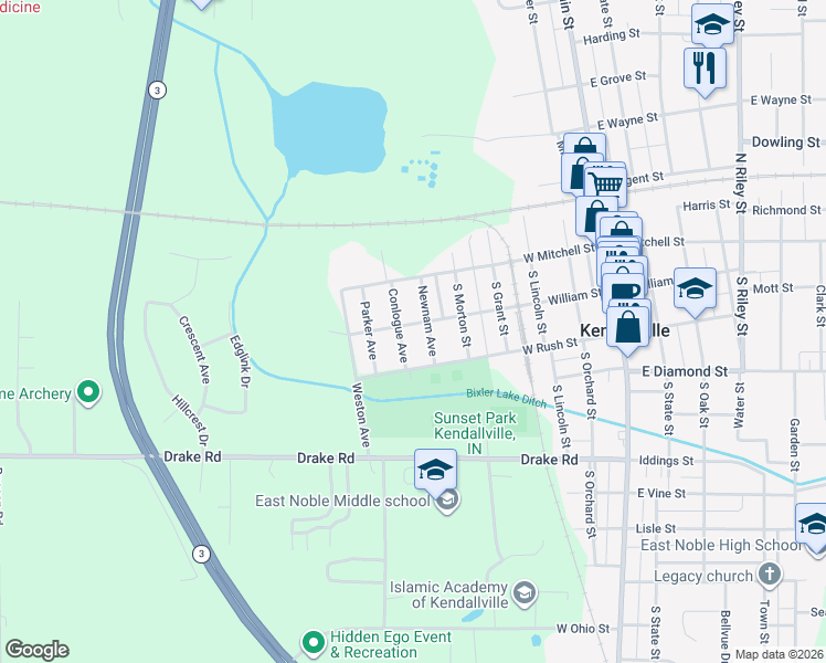 map of restaurants, bars, coffee shops, grocery stores, and more near 618 W Williams St in Kendallville