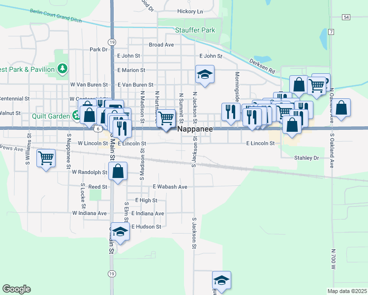 map of restaurants, bars, coffee shops, grocery stores, and more near 606 E Lincoln St in Nappanee