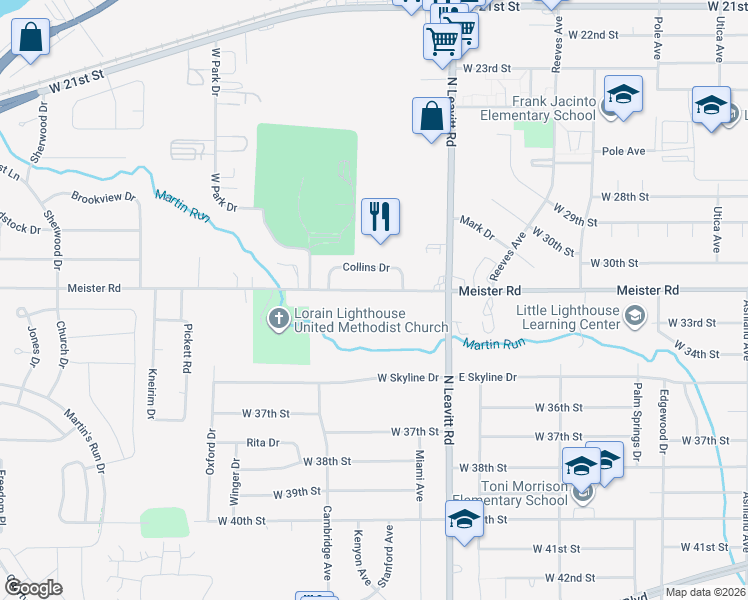 map of restaurants, bars, coffee shops, grocery stores, and more near 2718 Meister Road in Lorain