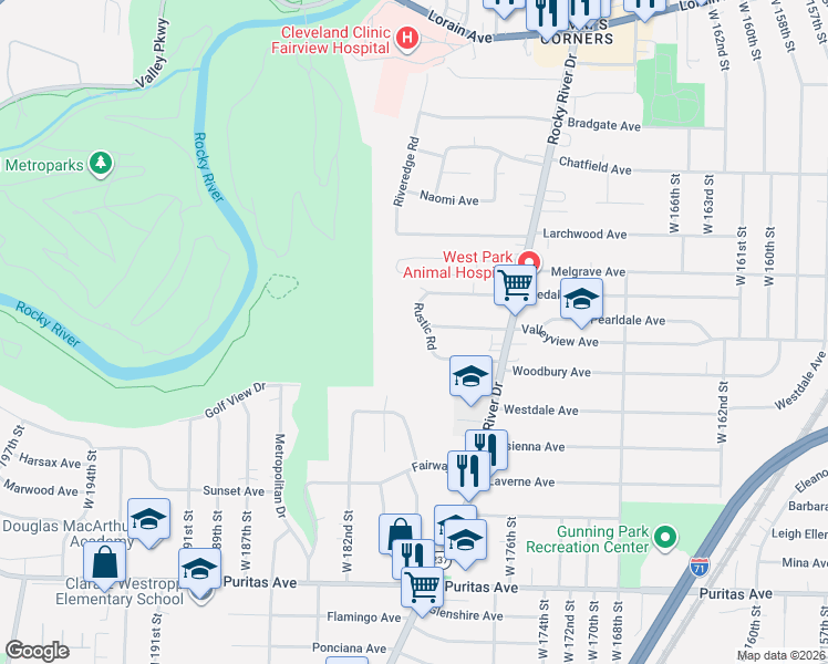 map of restaurants, bars, coffee shops, grocery stores, and more near 4148 Rustic Road in Cleveland