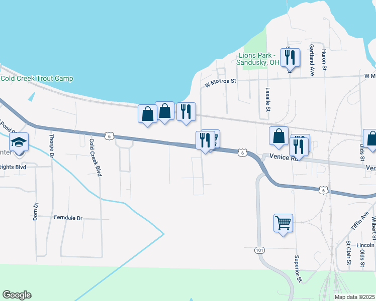 map of restaurants, bars, coffee shops, grocery stores, and more near 3712 Venice Road in Sandusky