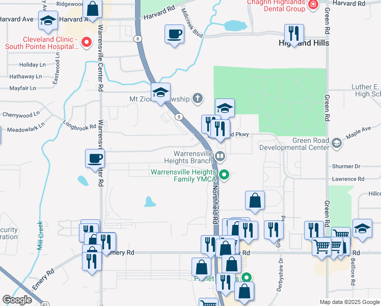 map of restaurants, bars, coffee shops, grocery stores, and more near 21534 Ellacott Parkway in Cleveland