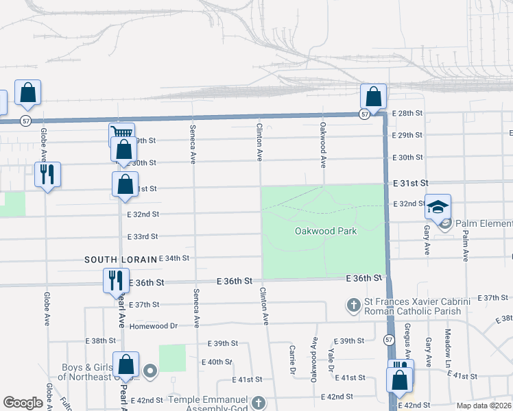 map of restaurants, bars, coffee shops, grocery stores, and more near 1981 East 32nd Street in Lorain