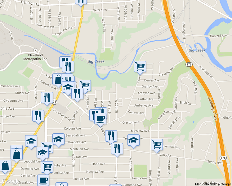 map of restaurants, bars, coffee shops, grocery stores, and more near 4178 West 20th Street in Cleveland