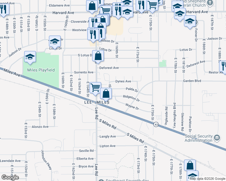 map of restaurants, bars, coffee shops, grocery stores, and more near 16705 Palda Drive in Cleveland