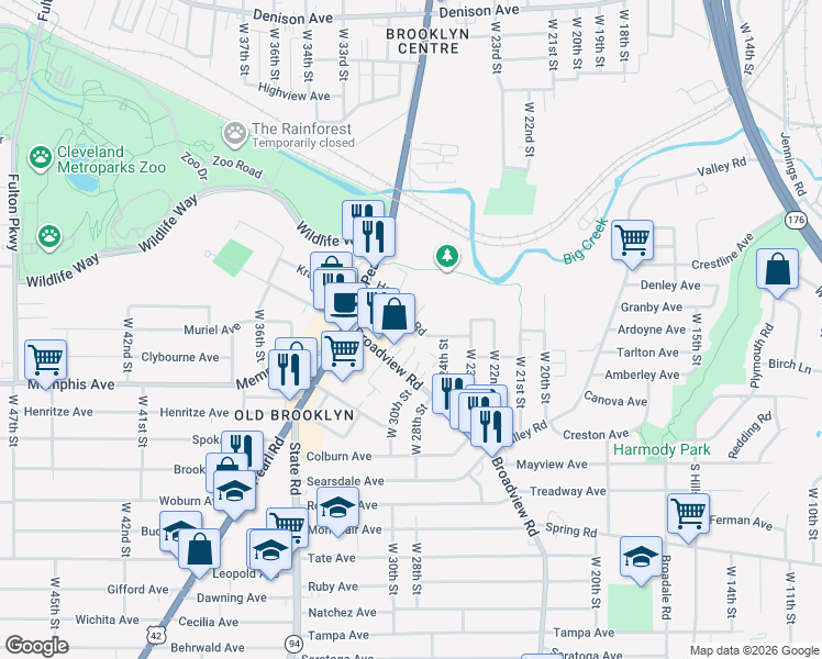 map of restaurants, bars, coffee shops, grocery stores, and more near 2802 Henninger Road in Cleveland