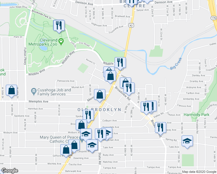 map of restaurants, bars, coffee shops, grocery stores, and more near 4192 Pearl Road in Cleveland