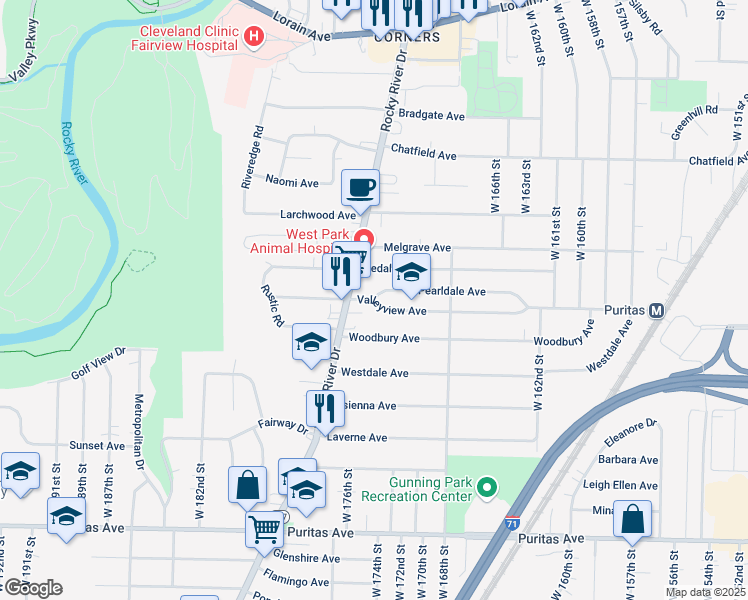 map of restaurants, bars, coffee shops, grocery stores, and more near 17200 Valleyview Avenue in Cleveland