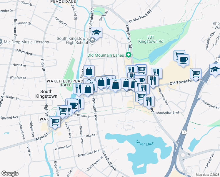map of restaurants, bars, coffee shops, grocery stores, and more near 123 Main Street in South Kingstown