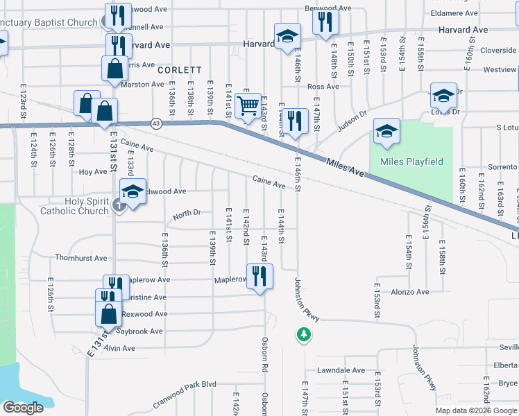map of restaurants, bars, coffee shops, grocery stores, and more near 4328 East 143rd Street in Cleveland