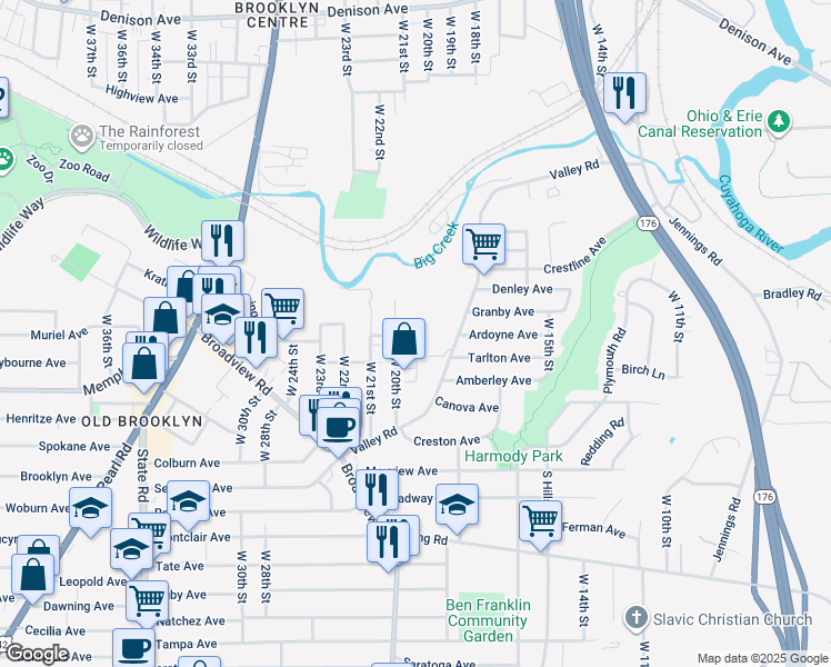 map of restaurants, bars, coffee shops, grocery stores, and more near 4118 Valley Road in Cleveland