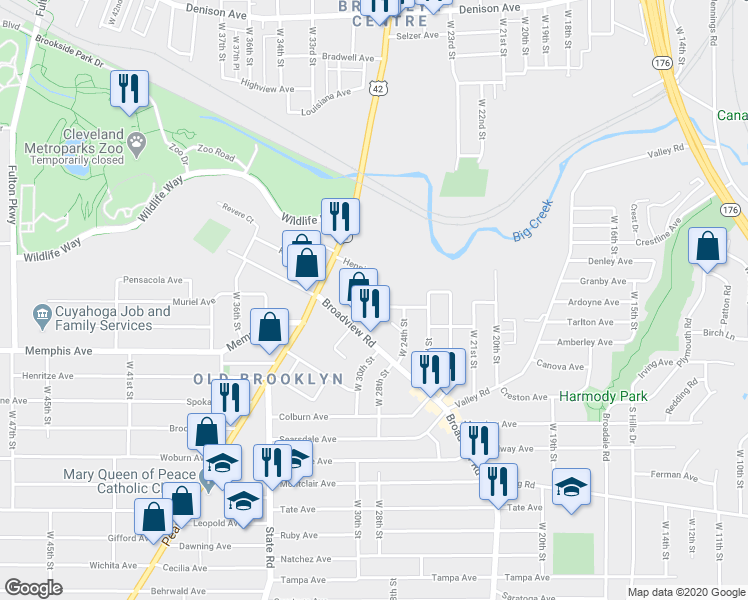 map of restaurants, bars, coffee shops, grocery stores, and more near 2802 Henninger Road in Cleveland