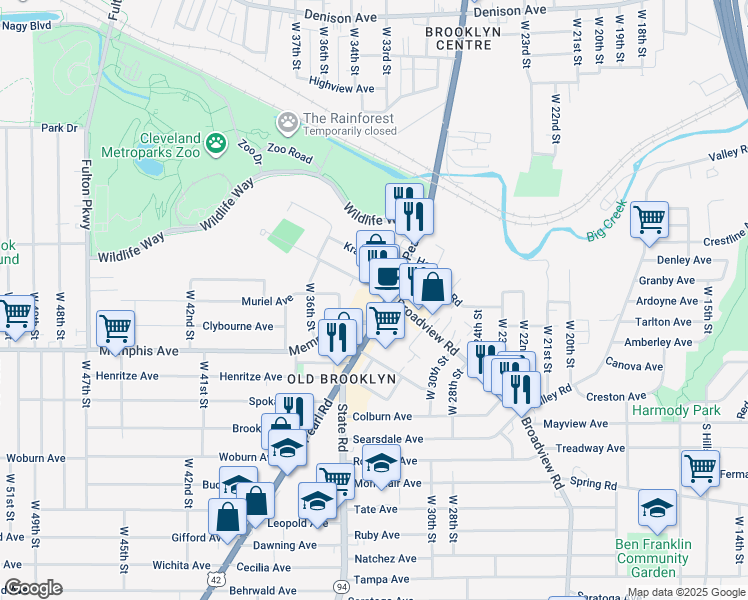 map of restaurants, bars, coffee shops, grocery stores, and more near 4162 Pearl Road in Cleveland