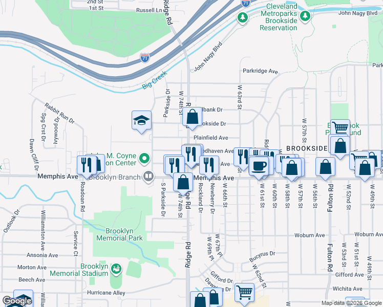map of restaurants, bars, coffee shops, grocery stores, and more near 4215 Ridge Road in Cleveland