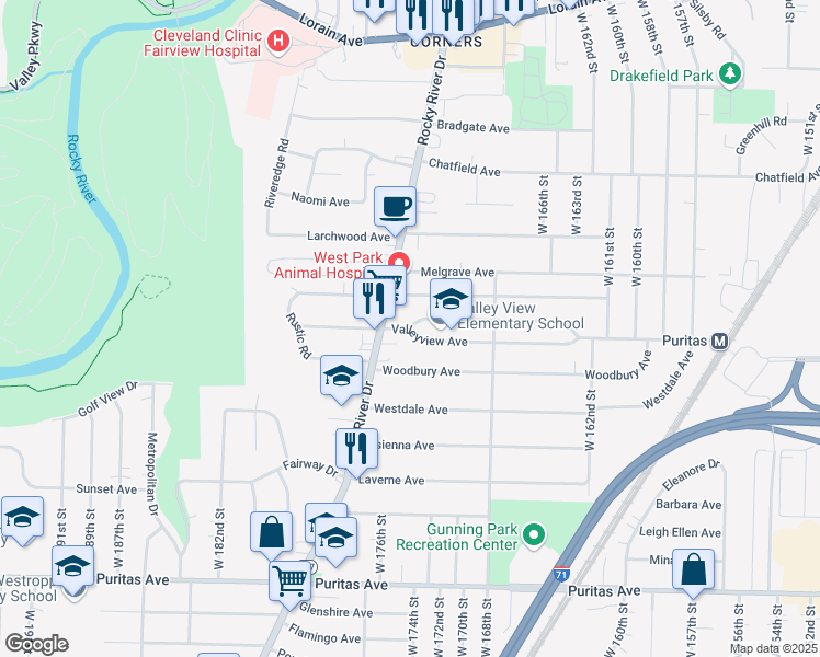 map of restaurants, bars, coffee shops, grocery stores, and more near 17200 Pearldale Avenue in Cleveland
